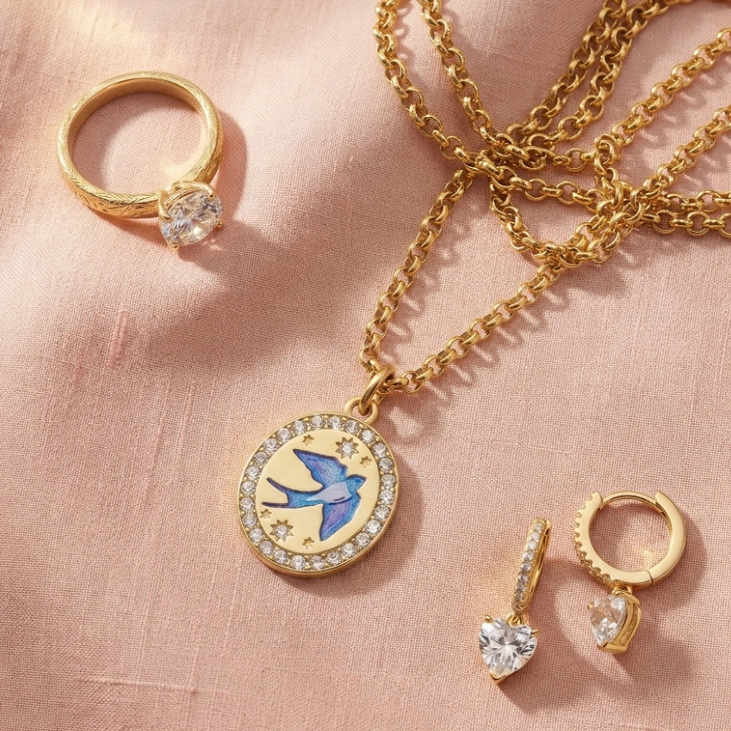 Homeward Swallow Necklace with the matching ring