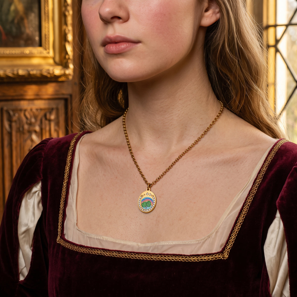 Four-Leaf Clover necklace worn with a burgundy velvet gown