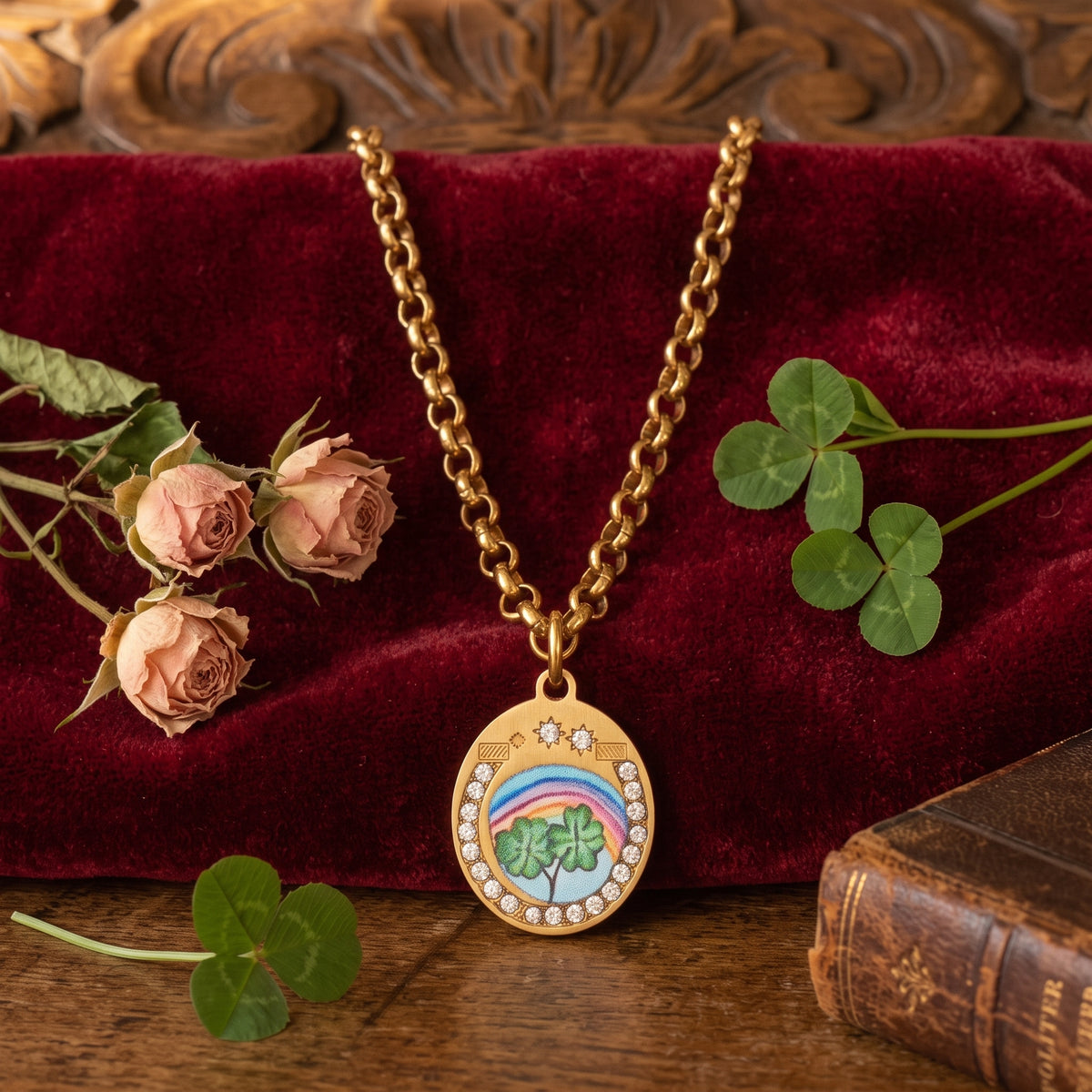 Four-Leaf Clover necklace on red velvet with dried roses and fresh clover