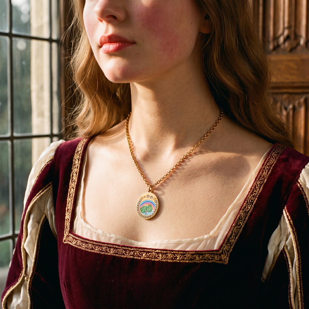 Four-Leaf Clover necklace worn by a window in afternoon light