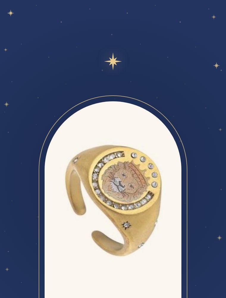 Lion Crest Ring in a gold arch under a starry sky