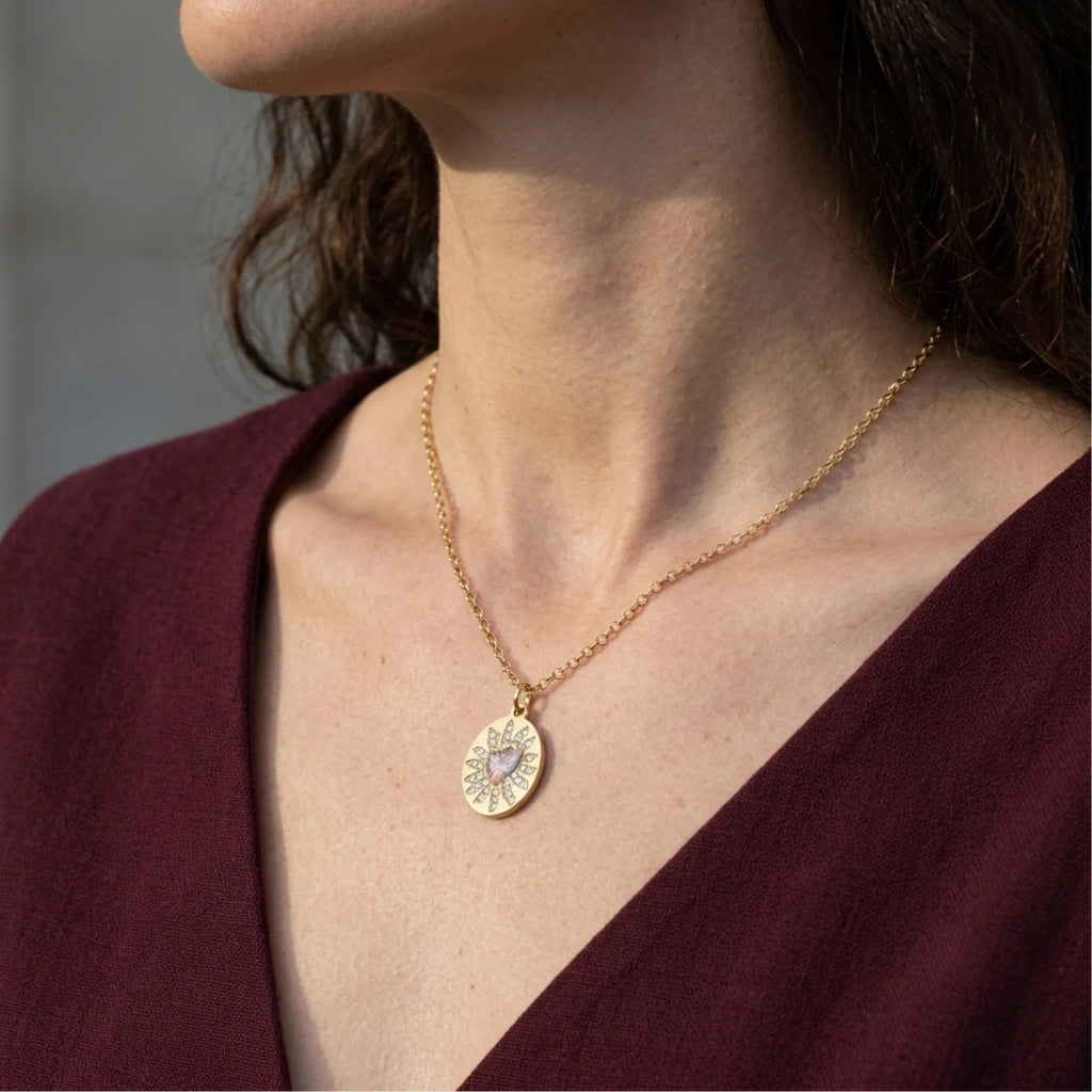 Cherub's Arrow Necklace worn with a burgundy top