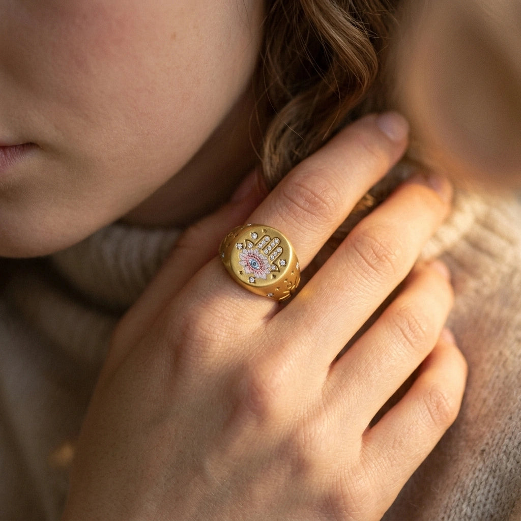 Hamsa Eye Ring worn on the hand