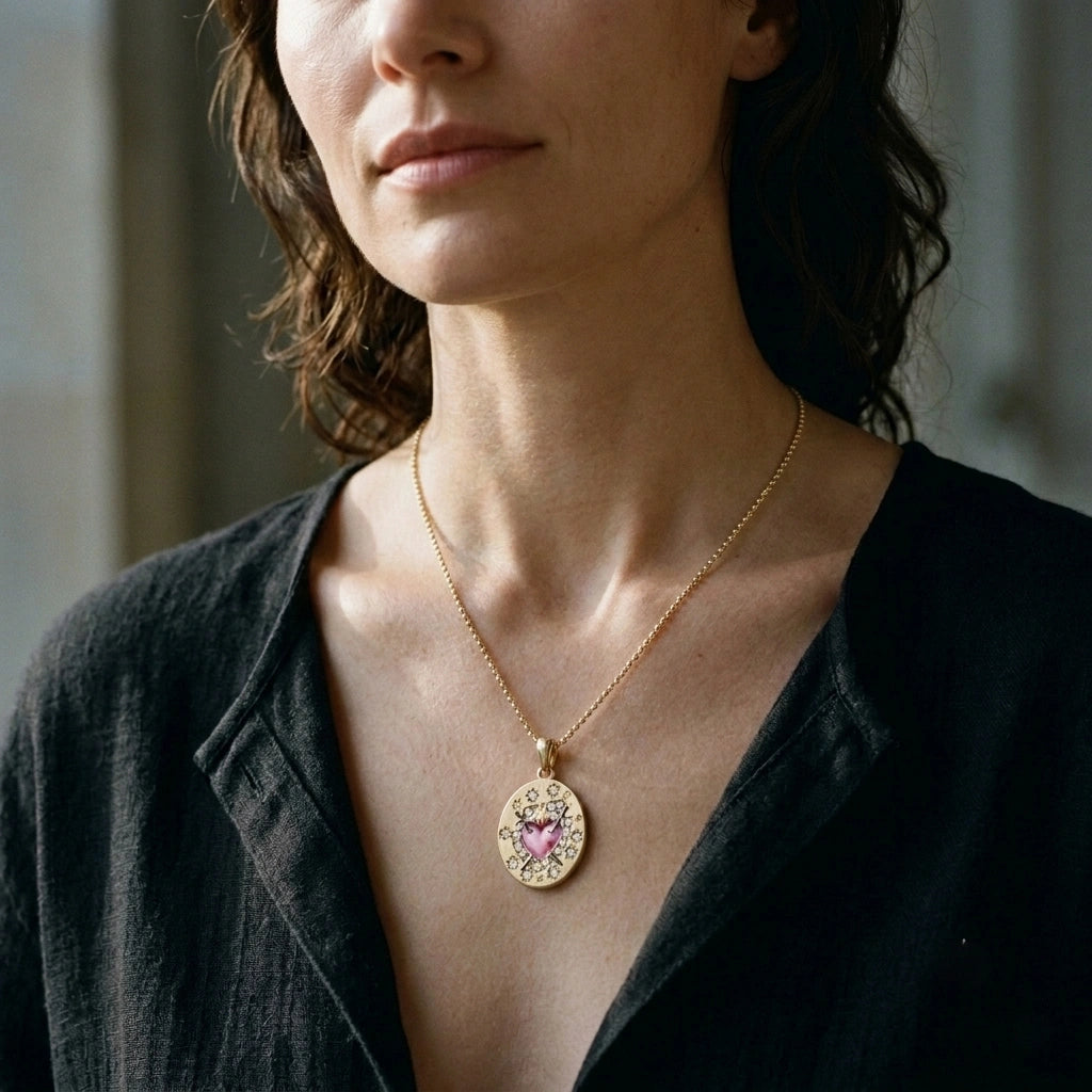 Sacred Heart Necklace worn with a dark top