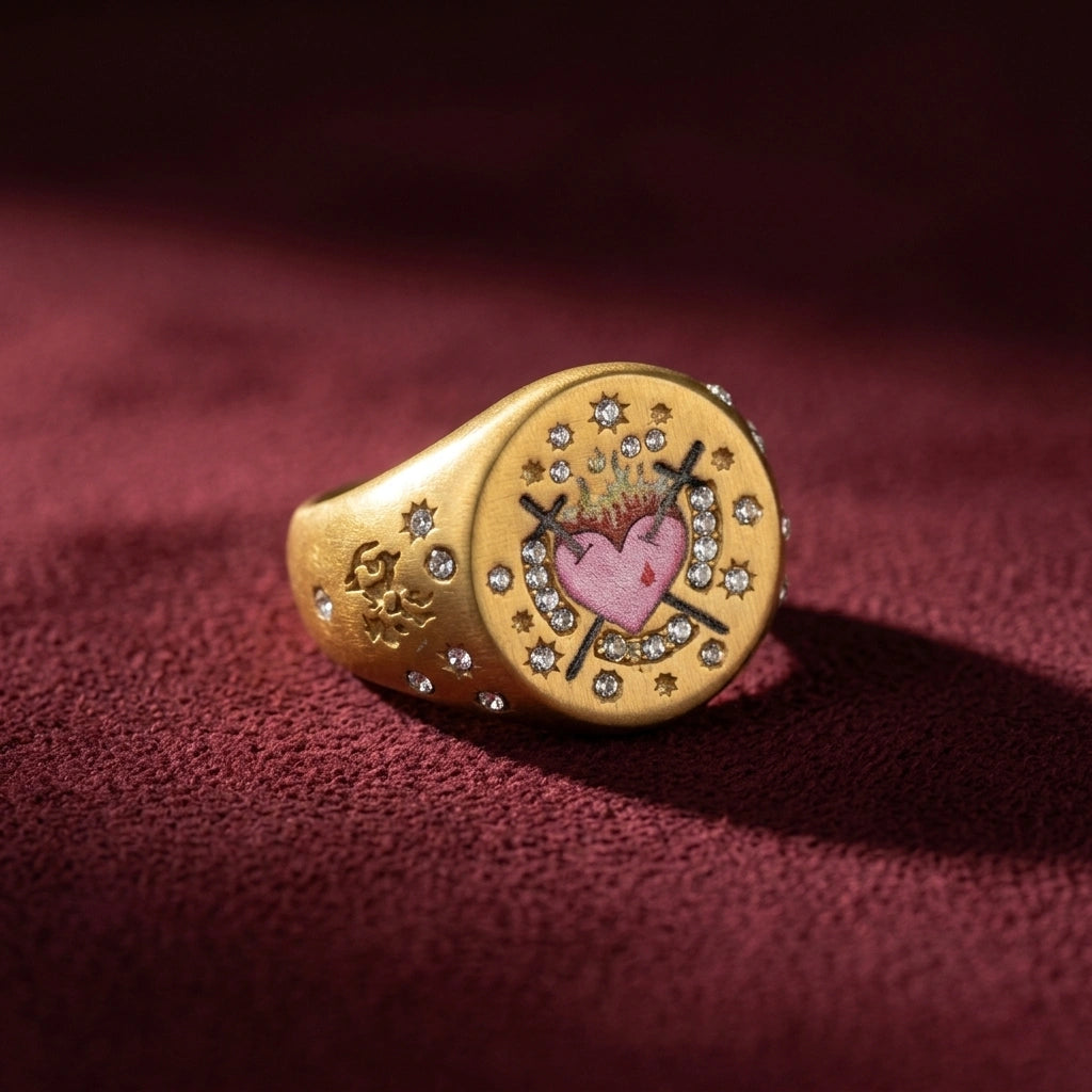 Sacred Heart Ring on red velvet