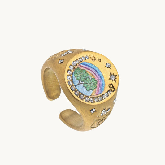 Four-Leaf Clover Ring, a gold-tone signet ring with an enamel four-leaf clover and rainbow