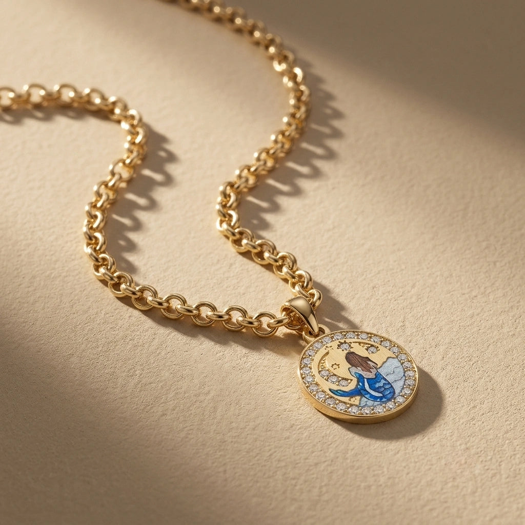Sea Siren Necklace pendant on cream fabric
