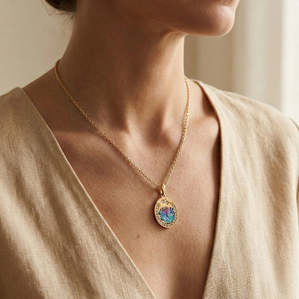 Midnight Rose Necklace worn with a beige top