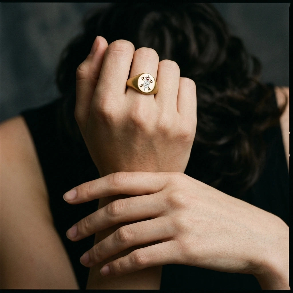 Memento Mori Ring worn with a black outfit