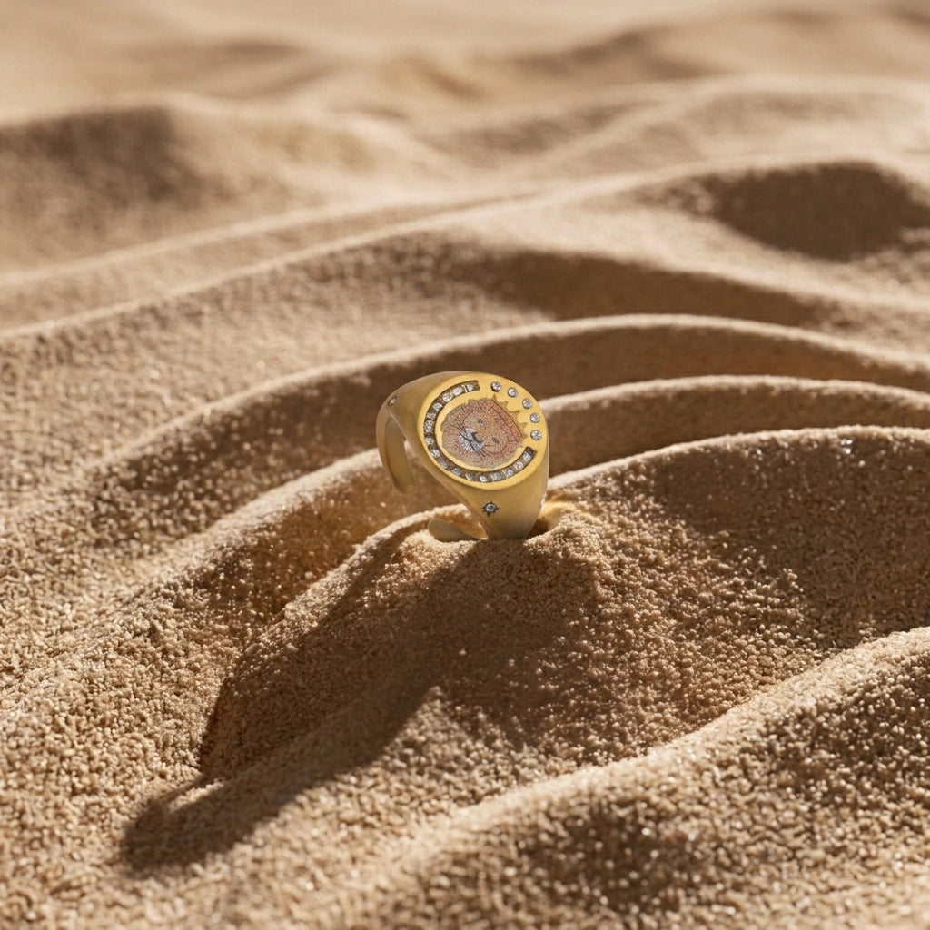 Lion Crest Ring resting on sand